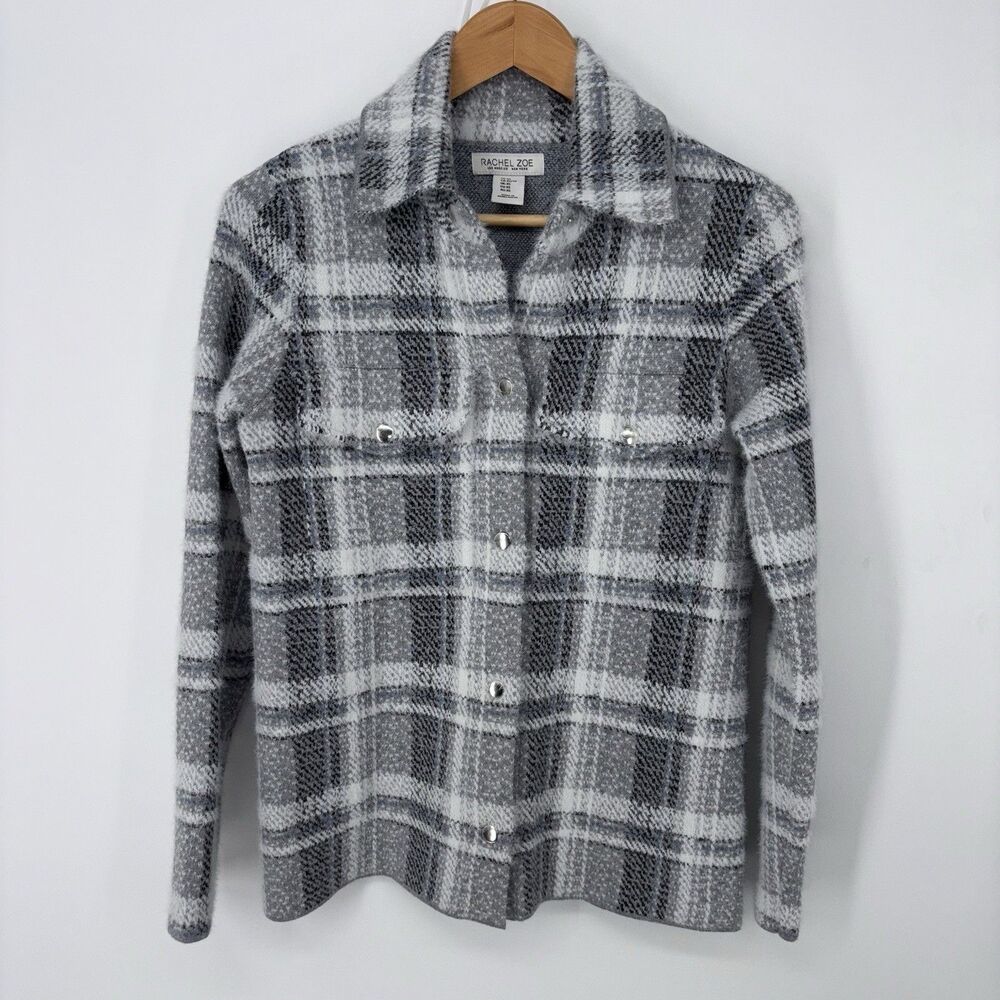 Sweater Jacket Shacket Grey Plaid Cozy Snaps Pockets Rachel Zoe Soft Size XS